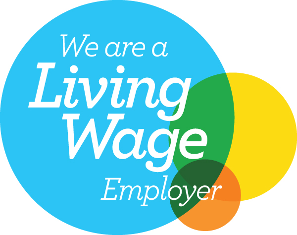 A large blue circle connected to a small yellow circle and an even smaller orange circle. The text in reads "We are a Living Wage Employer"
