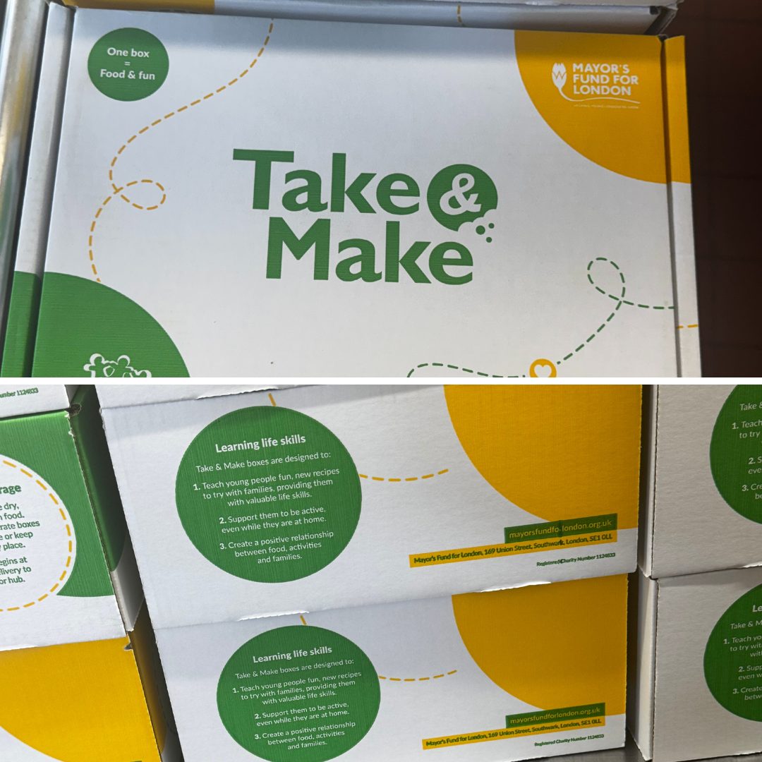 Take and Make boxes stacked up ready to be given out